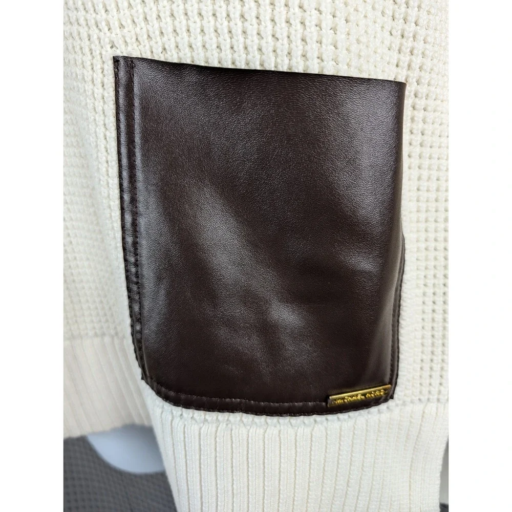 Michael‎ Kors Womens Cream Knit Cowl Neck Sweater Leather Pocket Pullover Chunky